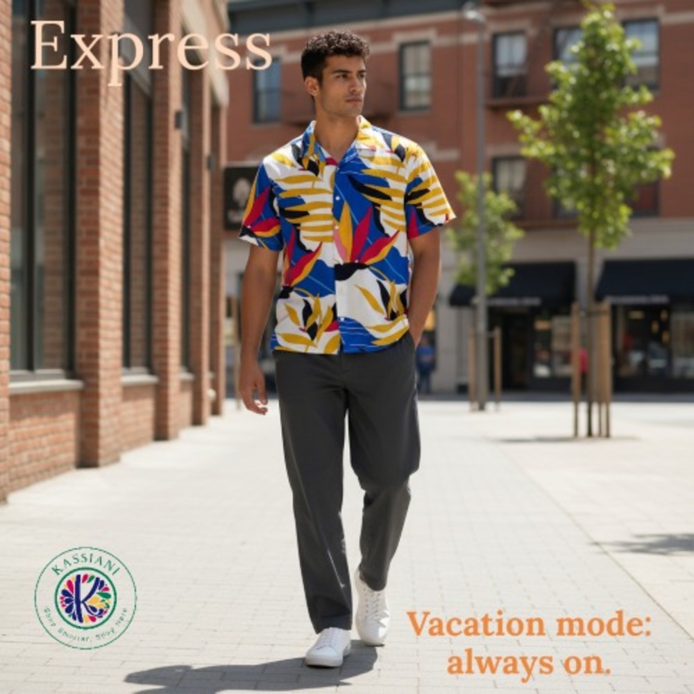 Express Men's Short Sleeve Shirt – 100% Viscose Colorful Tropical Print Size L